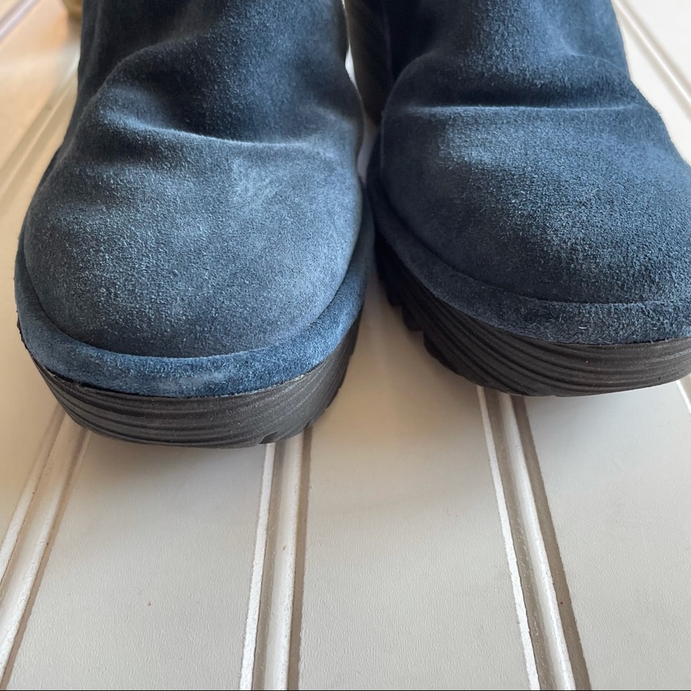 FLY LONDON Navy Suede Yama Tie Wedge Ankle Boots - Picture 3 of 7